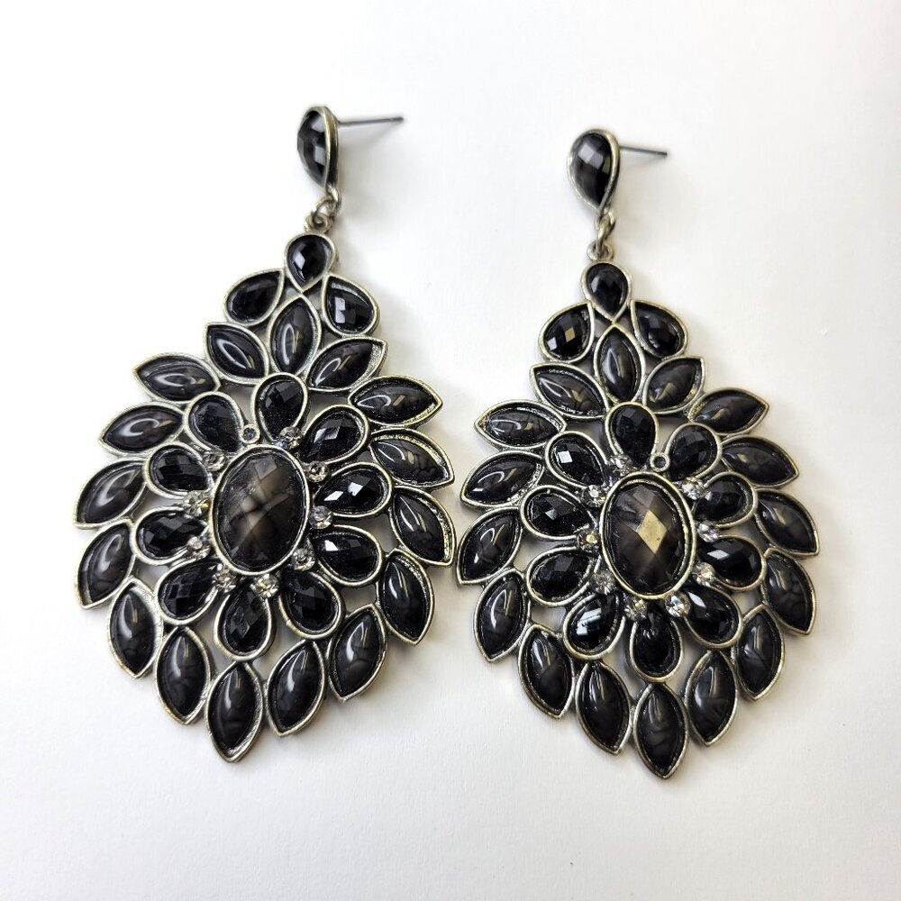 Long Black Cabochon Stone Stud Earrings